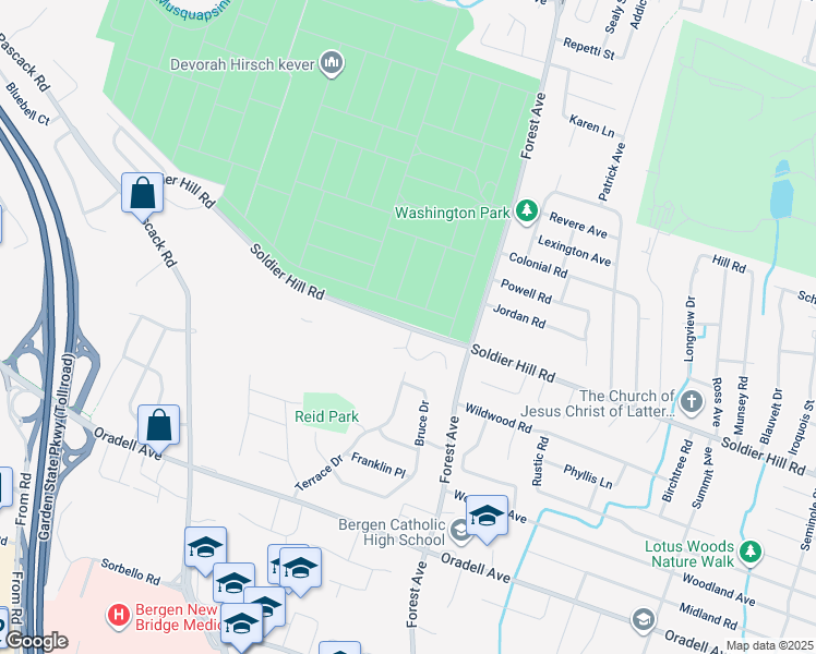 map of restaurants, bars, coffee shops, grocery stores, and more near 300 Soldier Hill Road in Paramus