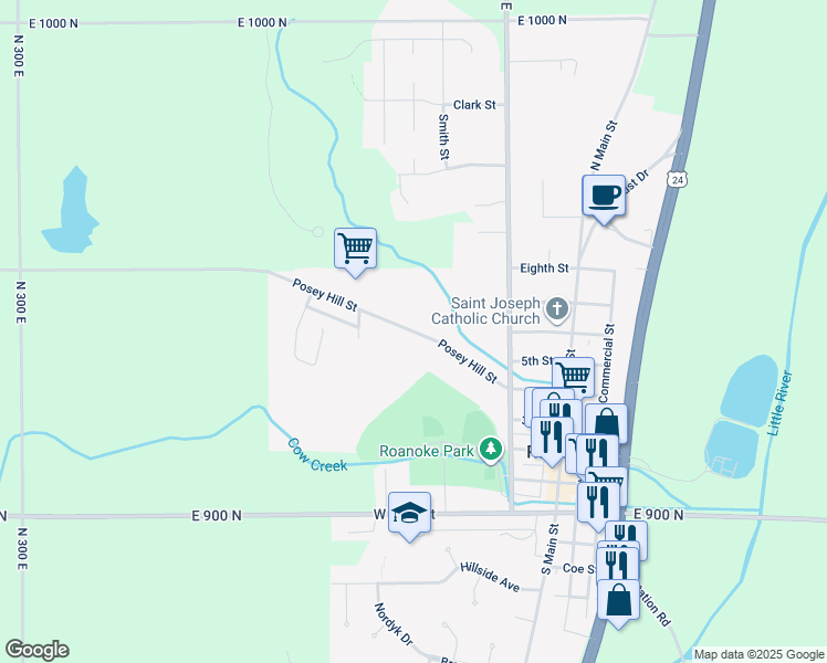 map of restaurants, bars, coffee shops, grocery stores, and more near Posey Hill Street in Roanoke