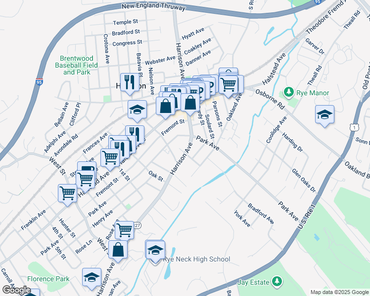 map of restaurants, bars, coffee shops, grocery stores, and more near 186 Harrison Avenue in Harrison