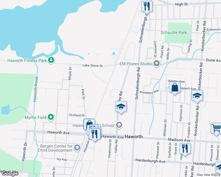 map of restaurants, bars, coffee shops, grocery stores, and more near 300 Spring Lane in Haworth