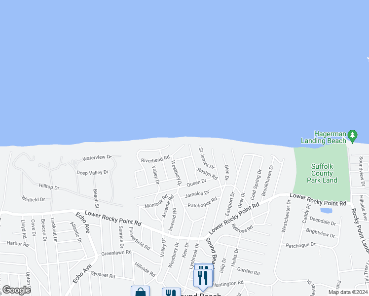 map of restaurants, bars, coffee shops, grocery stores, and more near 6 Riverhead Road in Sound Beach