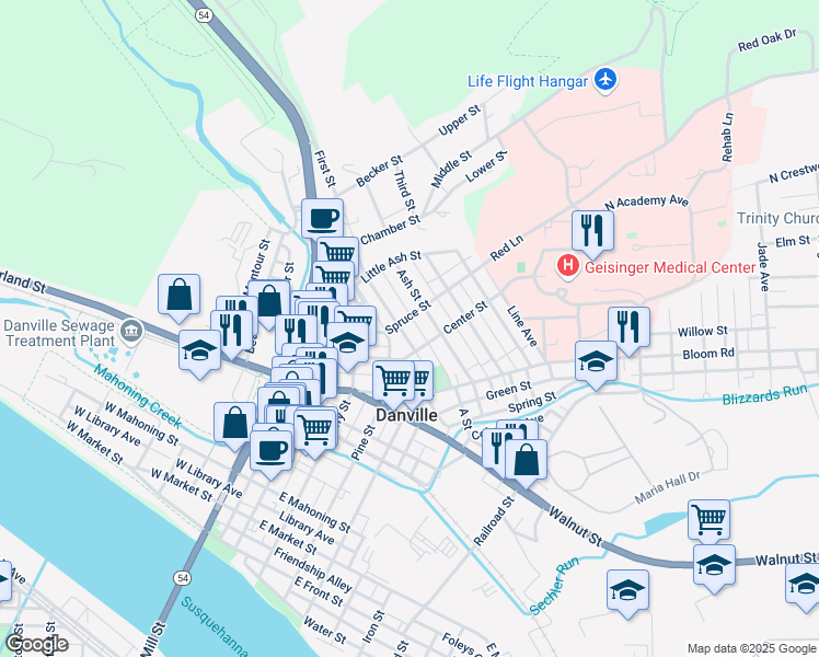 map of restaurants, bars, coffee shops, grocery stores, and more near 1152 Upper Mulberry Street in Danville