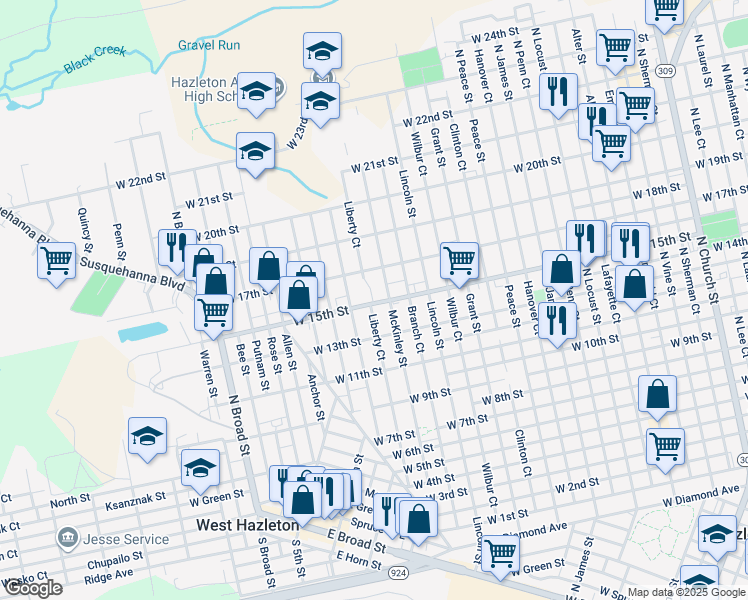 map of restaurants, bars, coffee shops, grocery stores, and more near 1015 West 15th Street in Hazleton