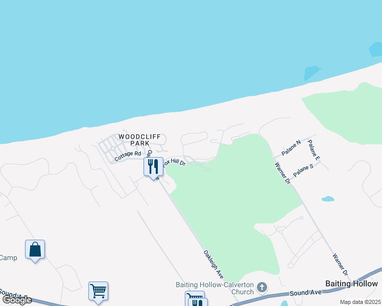 map of restaurants, bars, coffee shops, grocery stores, and more near 1312 Bluffs Drive North in Calverton