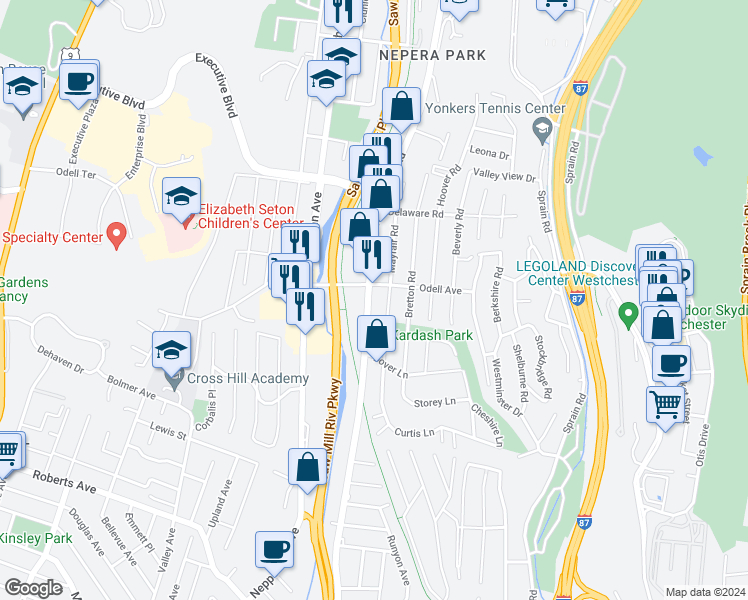 map of restaurants, bars, coffee shops, grocery stores, and more near 586 Odell Avenue in Yonkers