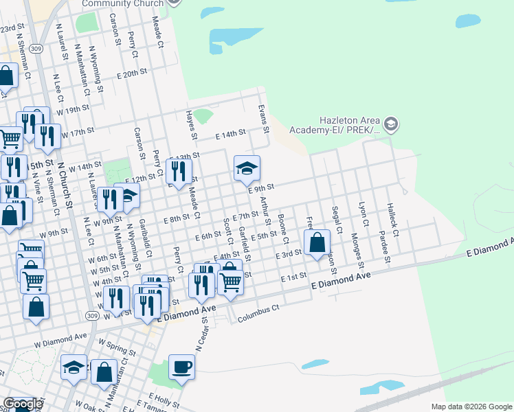 map of restaurants, bars, coffee shops, grocery stores, and more near 424-498 E 9th St in Hazleton