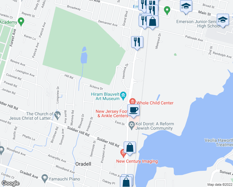 map of restaurants, bars, coffee shops, grocery stores, and more near 740 East Drive in Oradell