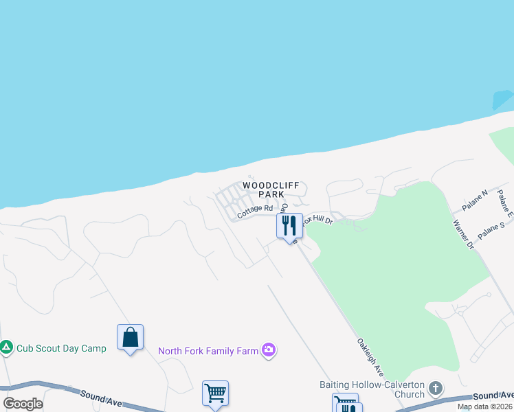 map of restaurants, bars, coffee shops, grocery stores, and more near 9 Woodcliff Trail in Calverton