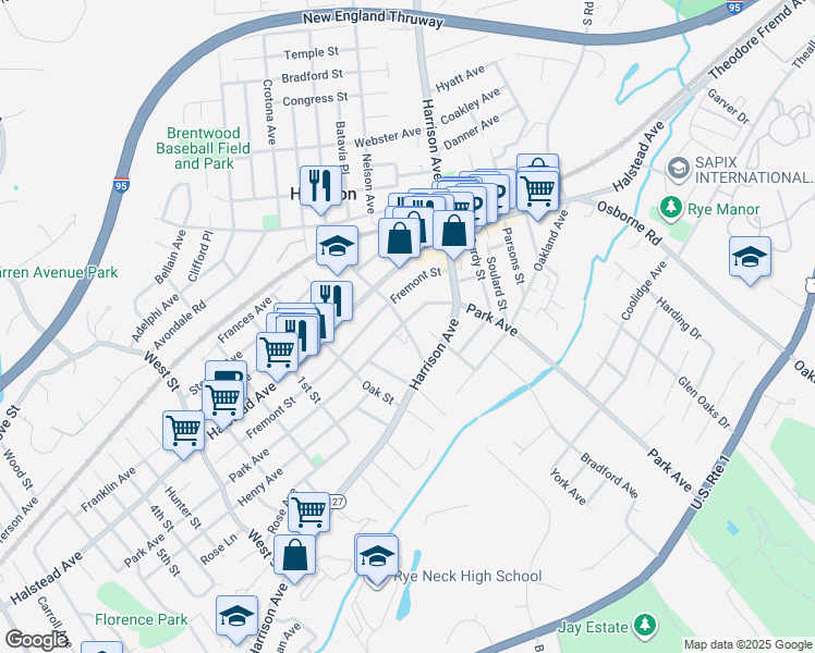map of restaurants, bars, coffee shops, grocery stores, and more near 182 Park Avenue in Harrison