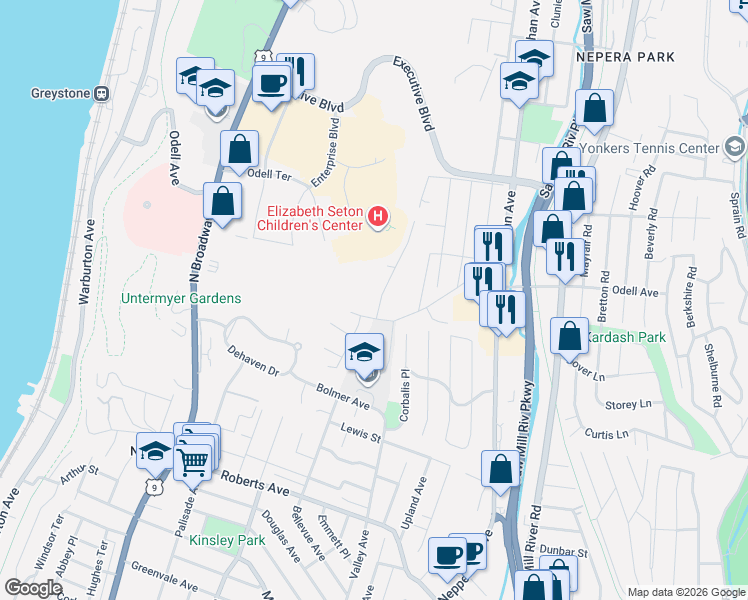 map of restaurants, bars, coffee shops, grocery stores, and more near 591 Bellevue Avenue North in Yonkers