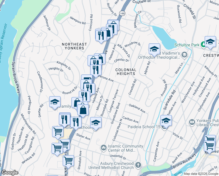 map of restaurants, bars, coffee shops, grocery stores, and more near 136 Minerva Drive in Yonkers