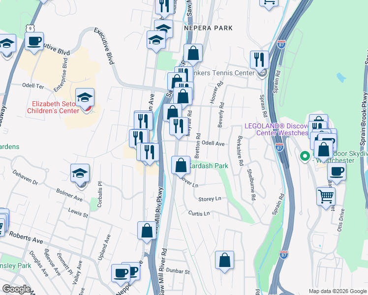 map of restaurants, bars, coffee shops, grocery stores, and more near 586 Odell Avenue in Yonkers