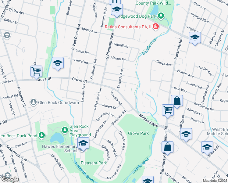 map of restaurants, bars, coffee shops, grocery stores, and more near 637 Arcadia Road in Ridgewood