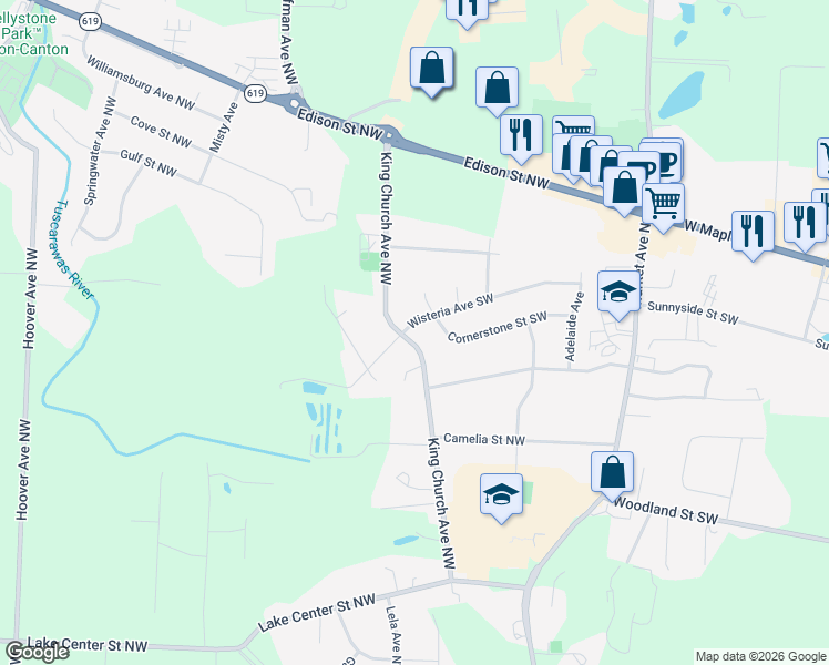 map of restaurants, bars, coffee shops, grocery stores, and more near 1602 Wisteria Avenue Northwest in Hartville