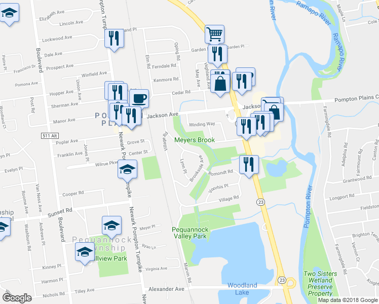 map of restaurants, bars, coffee shops, grocery stores, and more near 17 Brookside Avenue in Pequannock Township