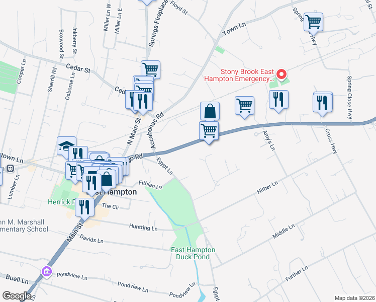 map of restaurants, bars, coffee shops, grocery stores, and more near 86 Montauk Highway in East Hampton