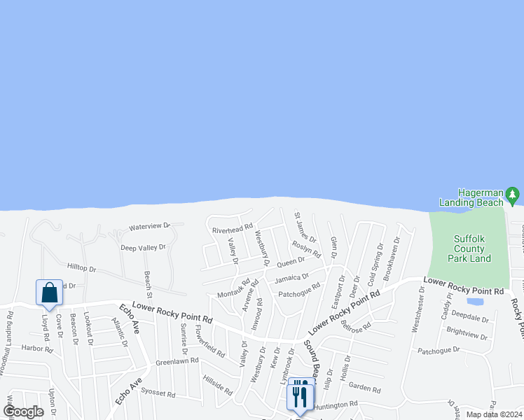 map of restaurants, bars, coffee shops, grocery stores, and more near 7 Riverhead Road in Sound Beach