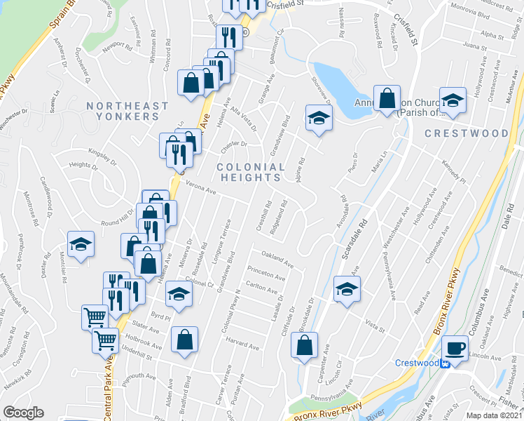 map of restaurants, bars, coffee shops, grocery stores, and more near 33 Cresthill Road in Yonkers