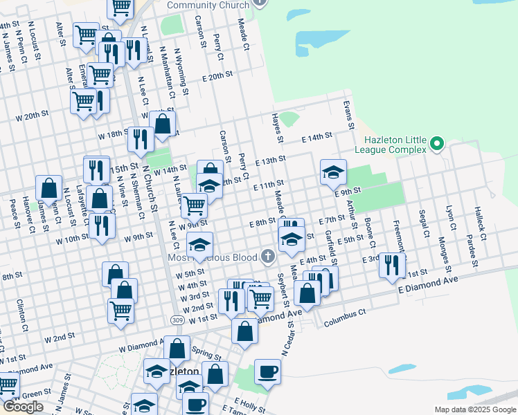 map of restaurants, bars, coffee shops, grocery stores, and more near 686 Seybert Street in Hazleton