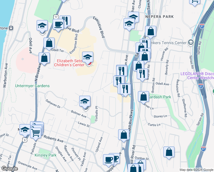 map of restaurants, bars, coffee shops, grocery stores, and more near Odell Avenue in Yonkers