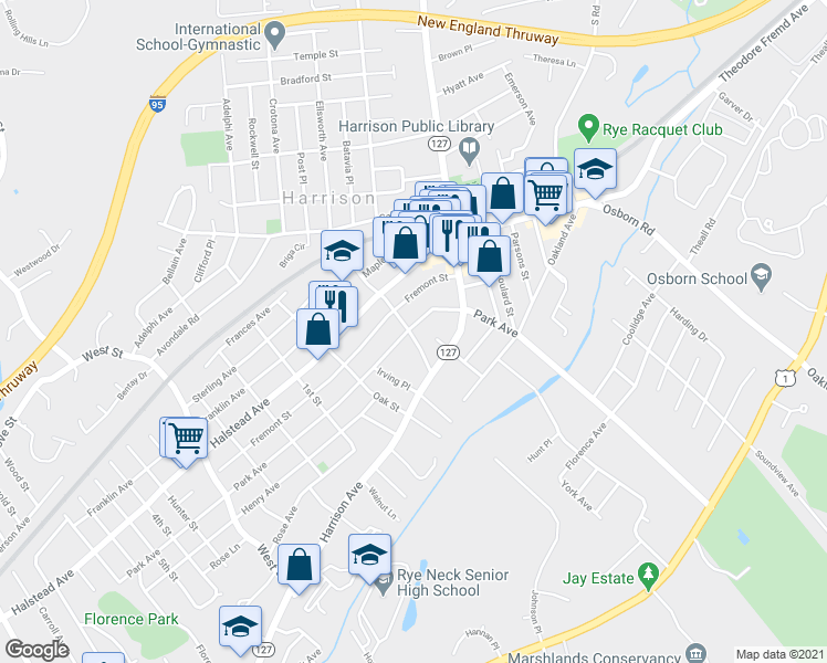 map of restaurants, bars, coffee shops, grocery stores, and more near 182 Park Avenue in Harrison