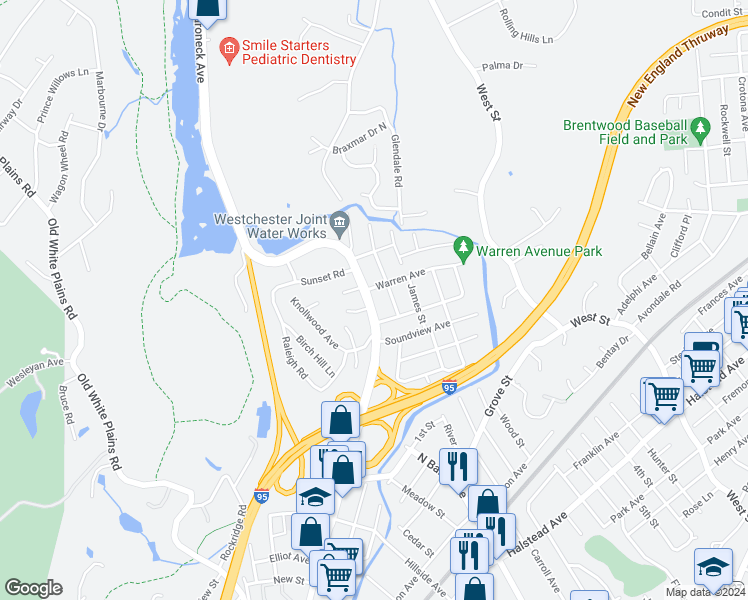 map of restaurants, bars, coffee shops, grocery stores, and more near 1506 Urban Street in Mamaroneck