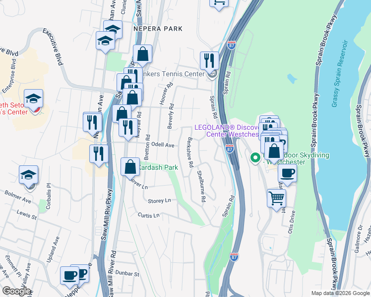 map of restaurants, bars, coffee shops, grocery stores, and more near 47 Berkshire Road in Yonkers