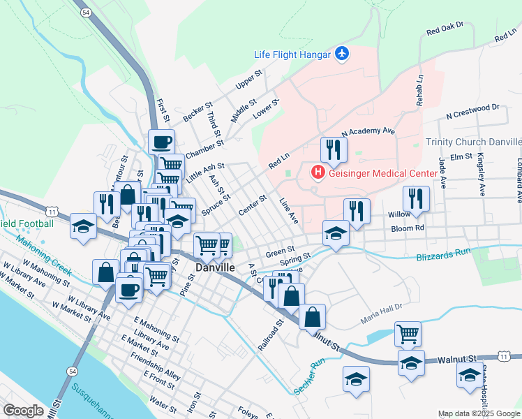 map of restaurants, bars, coffee shops, grocery stores, and more near 1047 Cherry Street in Danville