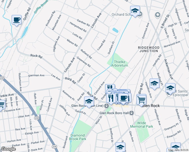 map of restaurants, bars, coffee shops, grocery stores, and more near 66 Glen Boulevard in Glen Rock