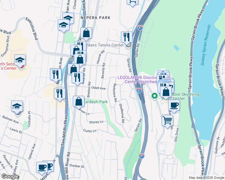 map of restaurants, bars, coffee shops, grocery stores, and more near 47 Berkshire Road in Yonkers