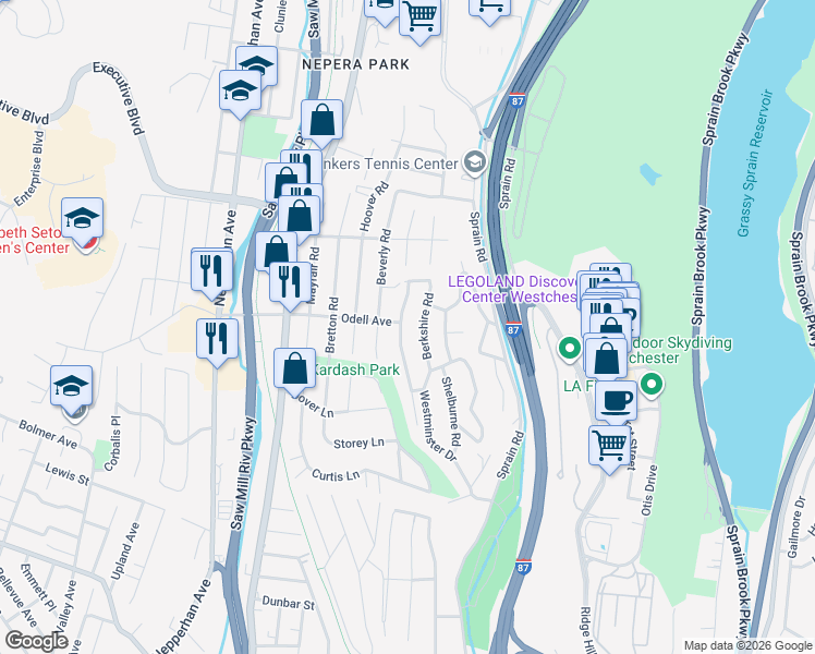 map of restaurants, bars, coffee shops, grocery stores, and more near 47 Berkshire Road in Yonkers