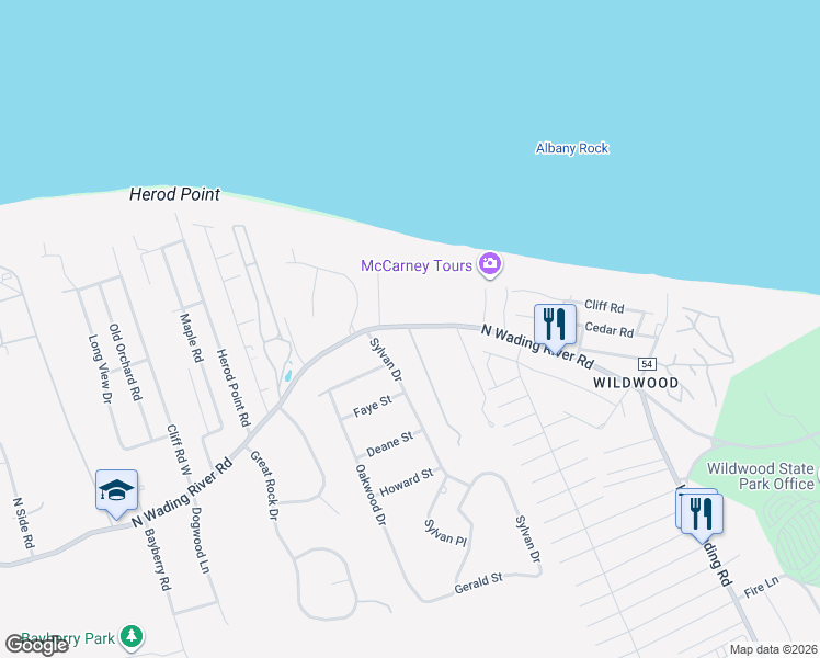 map of restaurants, bars, coffee shops, grocery stores, and more near 2803 Laurel Hollow Court in Wading River