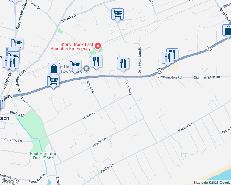 map of restaurants, bars, coffee shops, grocery stores, and more near 67 Hither Lane in East Hampton