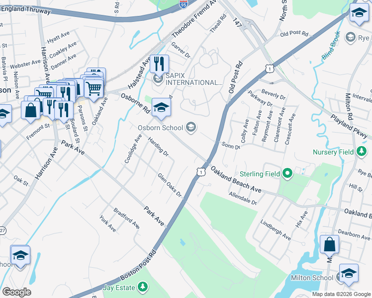map of restaurants, bars, coffee shops, grocery stores, and more near 45 Osborn Road in Rye