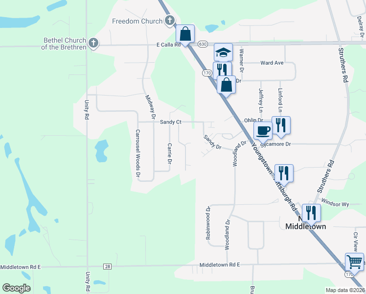 map of restaurants, bars, coffee shops, grocery stores, and more near 170 Sandy Court in New Middletown