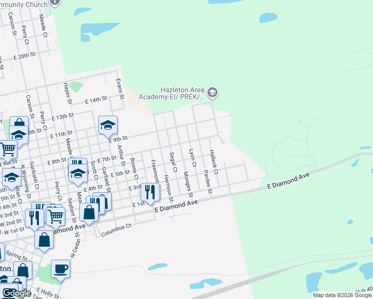 map of restaurants, bars, coffee shops, grocery stores, and more near 800-820 E 7th St in Hazleton