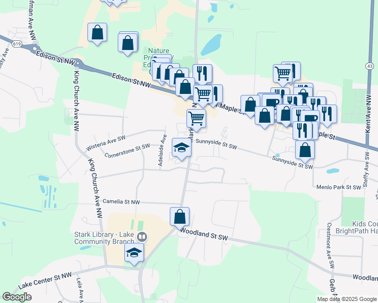 map of restaurants, bars, coffee shops, grocery stores, and more near 281 Market Avenue Northwest in Hartville