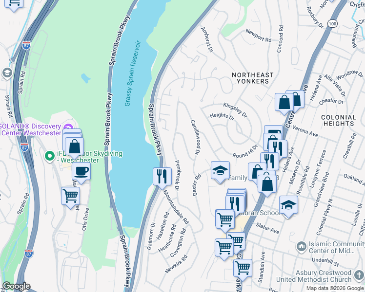 map of restaurants, bars, coffee shops, grocery stores, and more near 23 Montrose Road in Yonkers