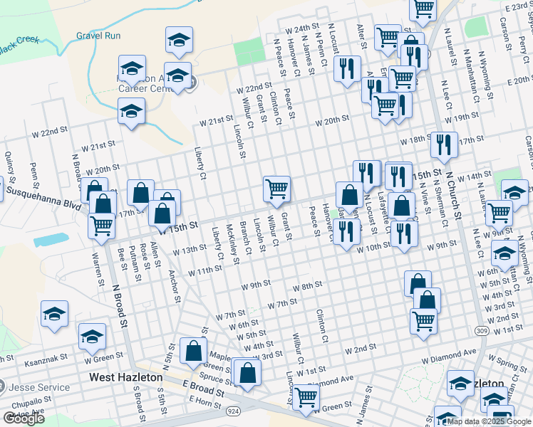 map of restaurants, bars, coffee shops, grocery stores, and more near 801 West 15th Street in Hazleton