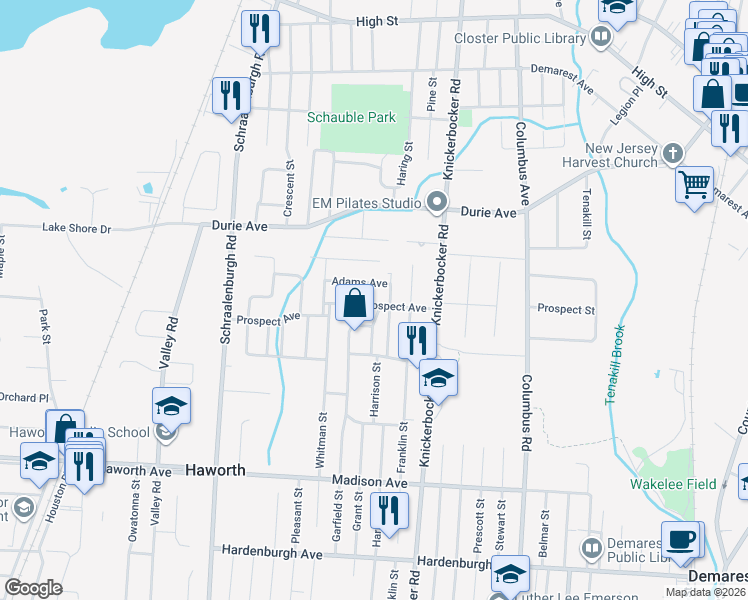 map of restaurants, bars, coffee shops, grocery stores, and more near 56 Adams Avenue in Haworth