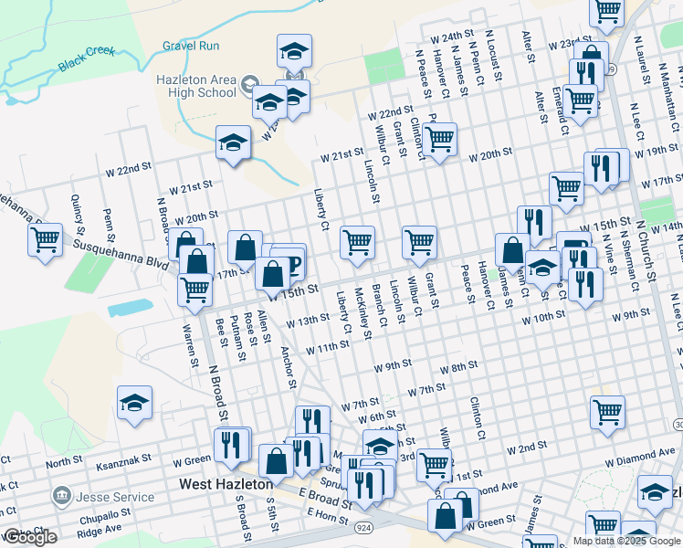 map of restaurants, bars, coffee shops, grocery stores, and more near 1015 West 15th Street in Hazleton