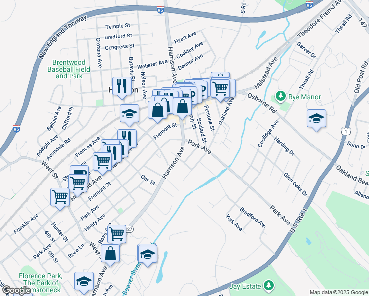 map of restaurants, bars, coffee shops, grocery stores, and more near 186 Harrison Avenue in Harrison