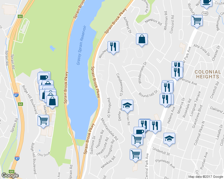 map of restaurants, bars, coffee shops, grocery stores, and more near 17 Montrose Road in Yonkers