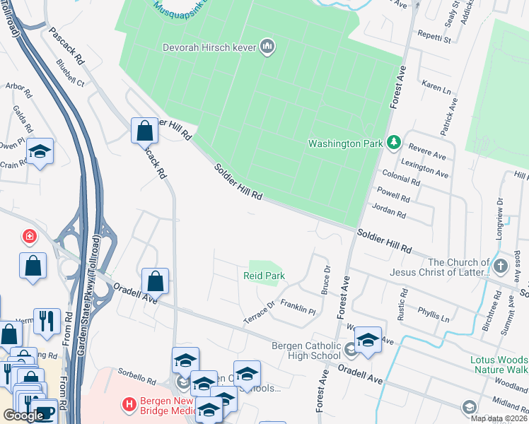 map of restaurants, bars, coffee shops, grocery stores, and more near Soldier Hill Road in Paramus