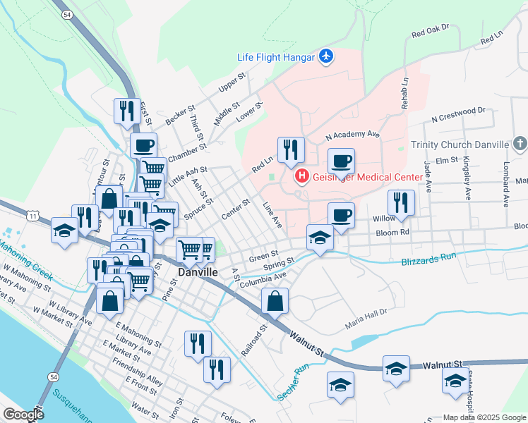 map of restaurants, bars, coffee shops, grocery stores, and more near 618 Pleasant Street in Danville