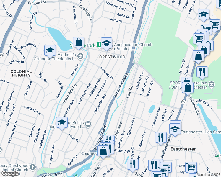 map of restaurants, bars, coffee shops, grocery stores, and more near 139 Chittenden Avenue in Yonkers