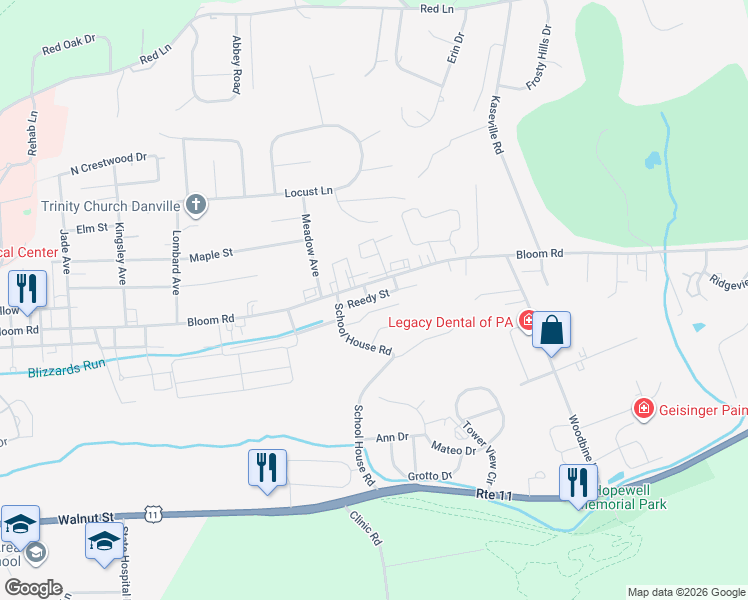 map of restaurants, bars, coffee shops, grocery stores, and more near 1700 Reedy Street in Danville