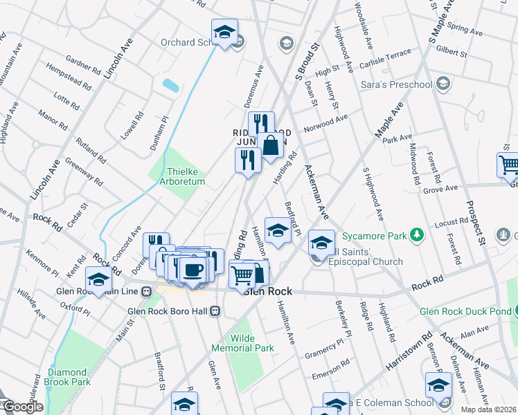 map of restaurants, bars, coffee shops, grocery stores, and more near 104 Harding Road in Glen Rock