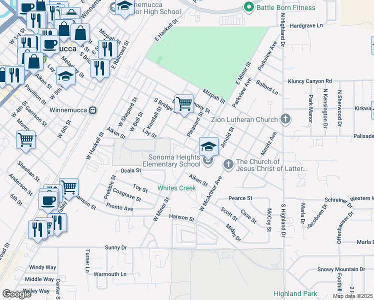 map of restaurants, bars, coffee shops, grocery stores, and more near 130 West Minor Street in Winnemucca