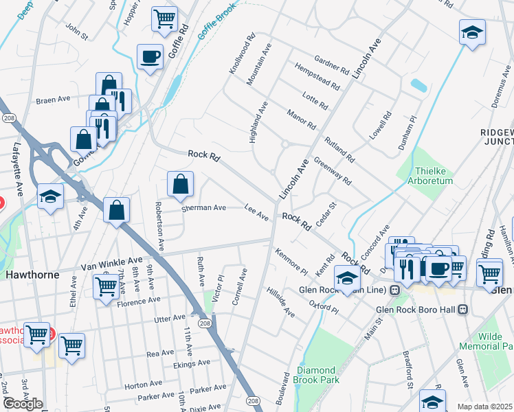 map of restaurants, bars, coffee shops, grocery stores, and more near 220 Rock Road in Hawthorne
